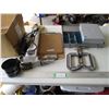 Image 1 : Various Items - Metal Storage Bin, C-Clamps, Cylinder Honing Tool, Clip Boards, Filter Wrench, Furni