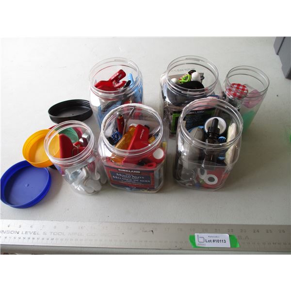 (6) Jars of Misc. Items - Timers, Measuring Tape, Clips etc.