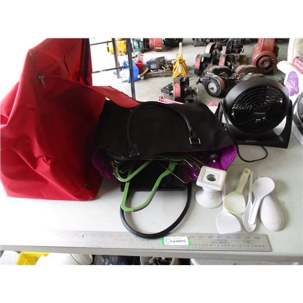 Bag Of Wire Hangers, Utensils, Sunbeam Cool Me Personal Blizzard Fan, Shopping Bag