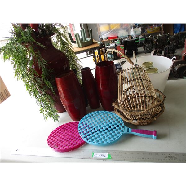 (3) Large Composite/Plastic Vases  - Tallest is 21" w/Artificial Flowers, (2) Ceramic Vases Baskets,