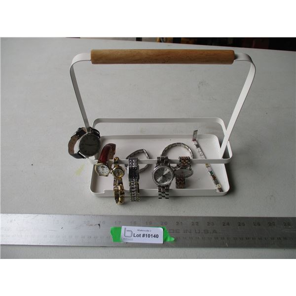 (6) Various Watches (4- Woman's, 2- Men's), Bracelets & Display Stand