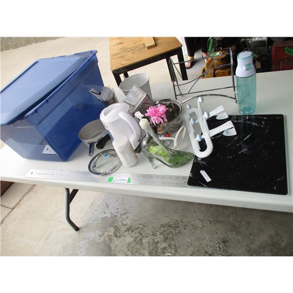 Kitchen Related Items - Rival Electric Kettle, Pots, Soap Dispenser, Cutting Board etc. w/Tote