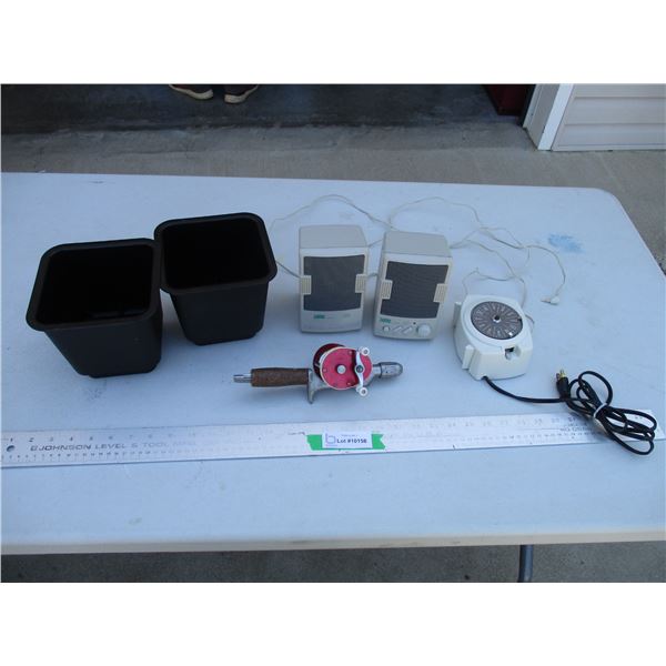 Labtec Speakers, Storage Containers, Vintage Baitcaster Fishing Reel, Timer etc.