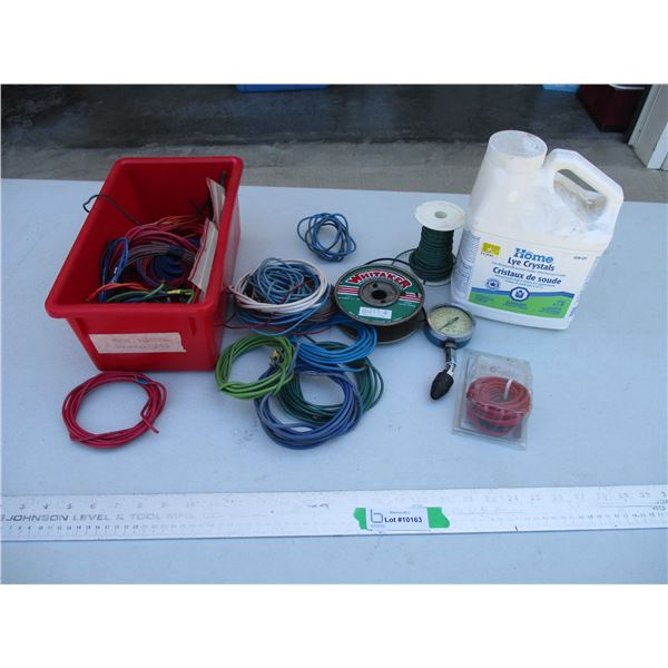Electrical Wire (Various Gages), Compression Tester, Small Storage Bin, Lye Crystals etc.