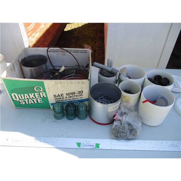 Box Of Misc. Parts - Cables, Wire Harness, Springs, Chain etc. & Hemingray Glass Insulators
