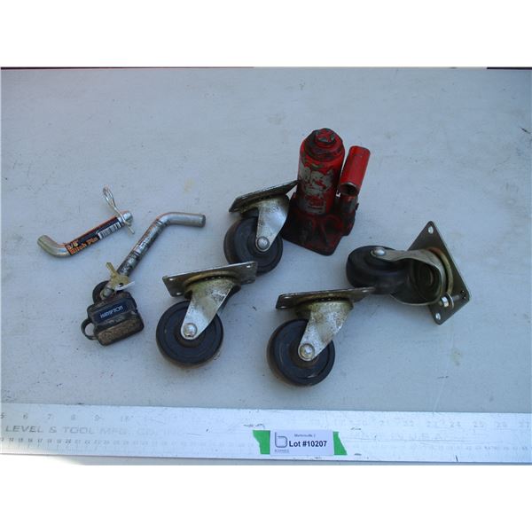(4) Casters, Hitch Pins (One w/lock & Key) & Small Hydraulic Bottle Jack