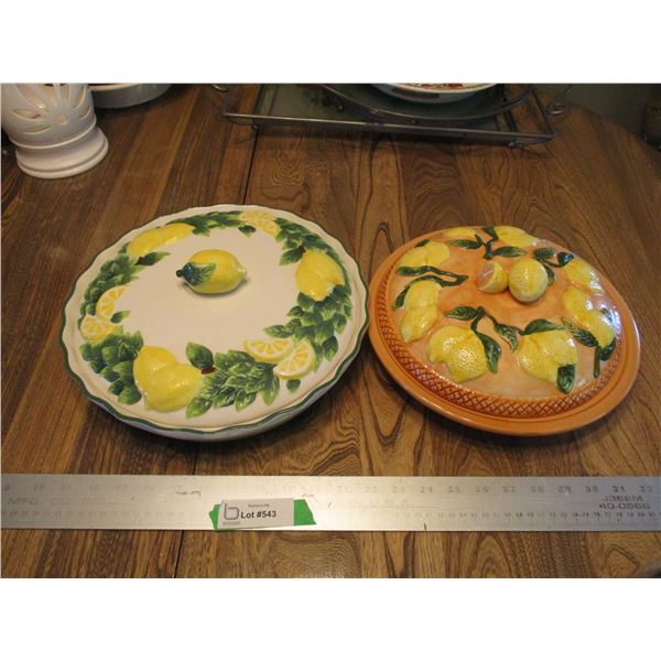 (2) Ceramic Pie Holder (Cake Saver) w/Lids - Lemon Design