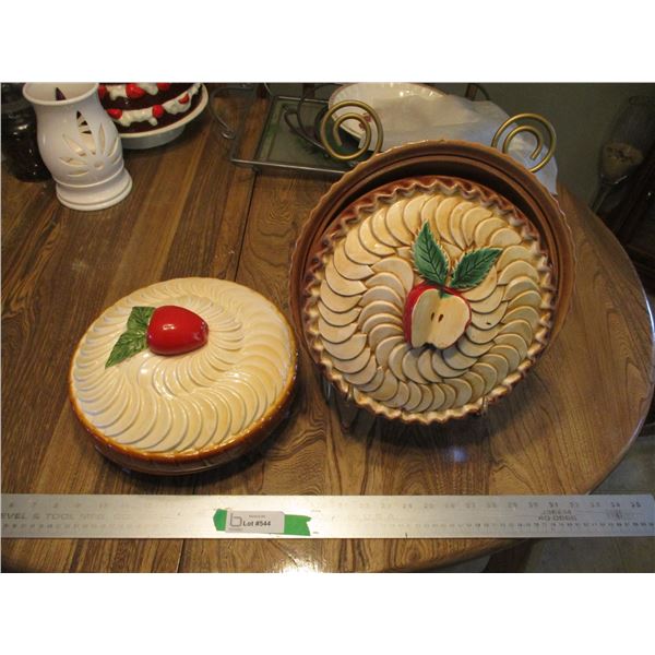 (2) Ceramic Pie Holder (Cake Saver) w/Lids, One Stand - Apple Design