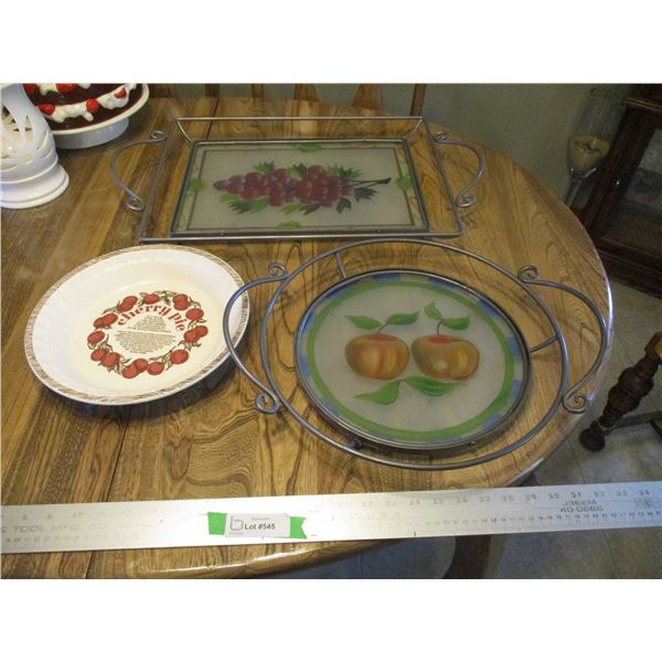 Cherry Pie Plate & (2) Metal Rod/Glass Serving Platters