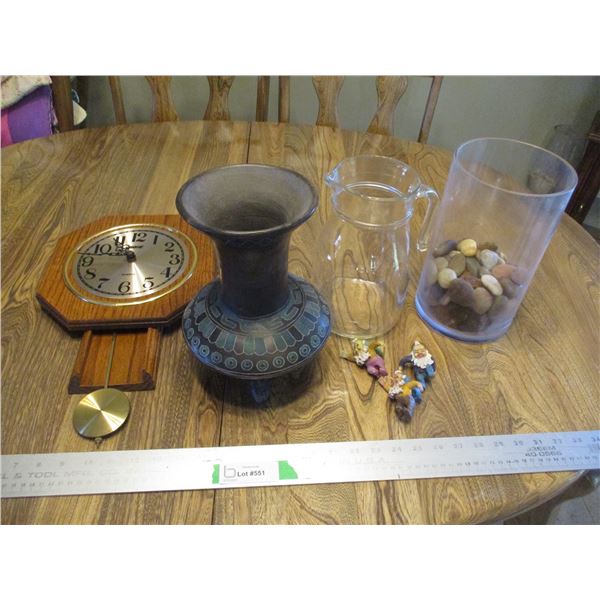 Rose Battery Operated Clock, 10" Vase , Pitcher Glass Vase w/Rocks & (3) Small Gnomes