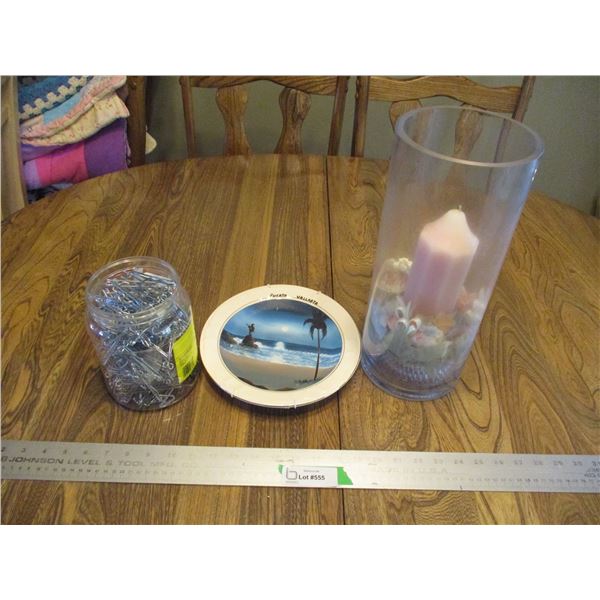 Large Candle Vase/Holder, Curtain Hooks & Decorative Plate