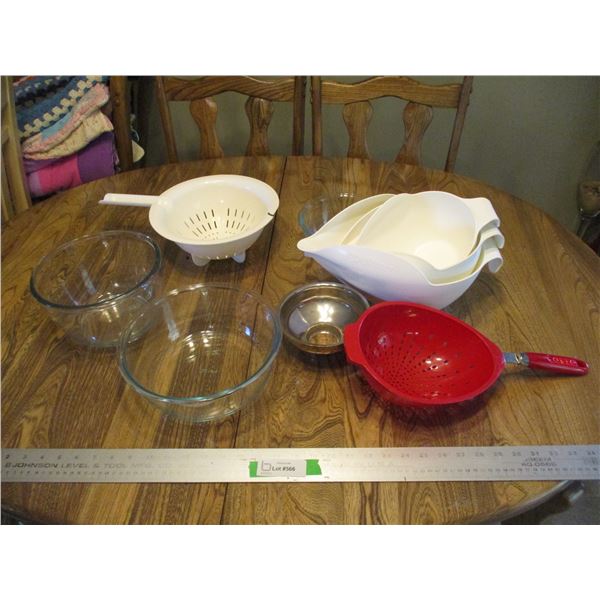 (3) Pourfect Pitchers of Varying Size, (2) Plastic Strainers & (3) Pyrex & Other Glass Mixing Bowls