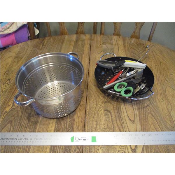 (2) Steel Basket Strainers, Various Slicers/Peelers, Meat Tenderizer Mallet, CleverCutter Knife, Oxo