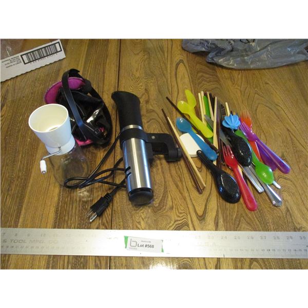 Various Kitchen Items - Anova Culinary Sous Vide, Plastic Cutlery, Chopper North Half Mask Respirato