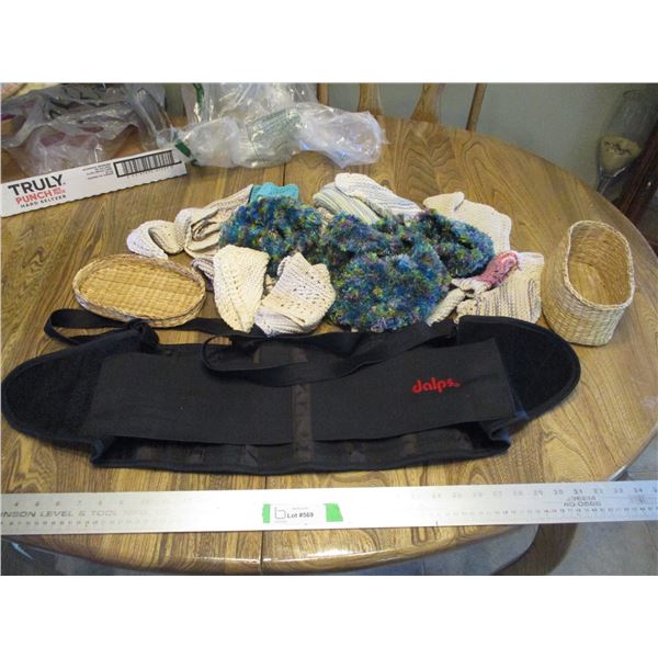 Various Items - Doilies, Basket, Scarf, Back Brace, Crocheted Wash Cloths, Pot Holders etc.
