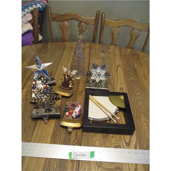 Christmas Décor. - (6) Stocking Hangers, Small Wire Tree & Drum Wall Art  (8'x8")