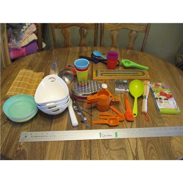 Various Kitchen Items - Dishes, Cheese Grater/Container, Plastic Cups, Tupperware Measuring Cups, Ba
