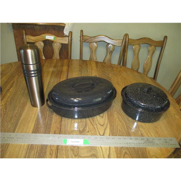 (2) Enameled Roaster Pans & Thermos