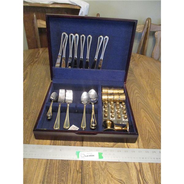 International Stainless Steel Flatware Set w/Wooden Box , S & P Shakers, Napkin Rings, Candle Holder