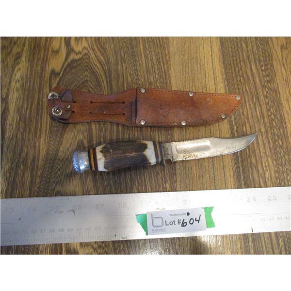 Hoppe 5" Clip Point Knife w/Stag Horn Handle & Leather Sheath - Made in Germany