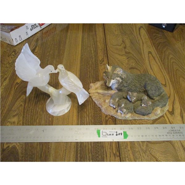 Quartz Bird Statue (Base Repaired) & Wolf & Cubs Plastic Home Decor.