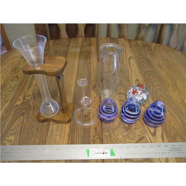(4) Glass Paper Weights & Ale Glass or Vase w/Stand etc.