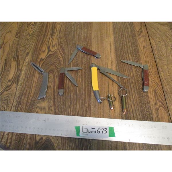 (5) Pocket Knives, (2) Bullet Keychains