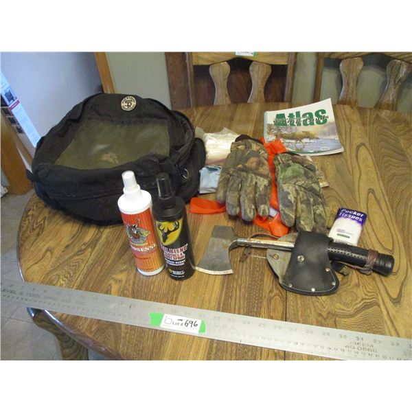 Back-pack Hunting Related Items - Buck Sense, Gloves, Hatchet