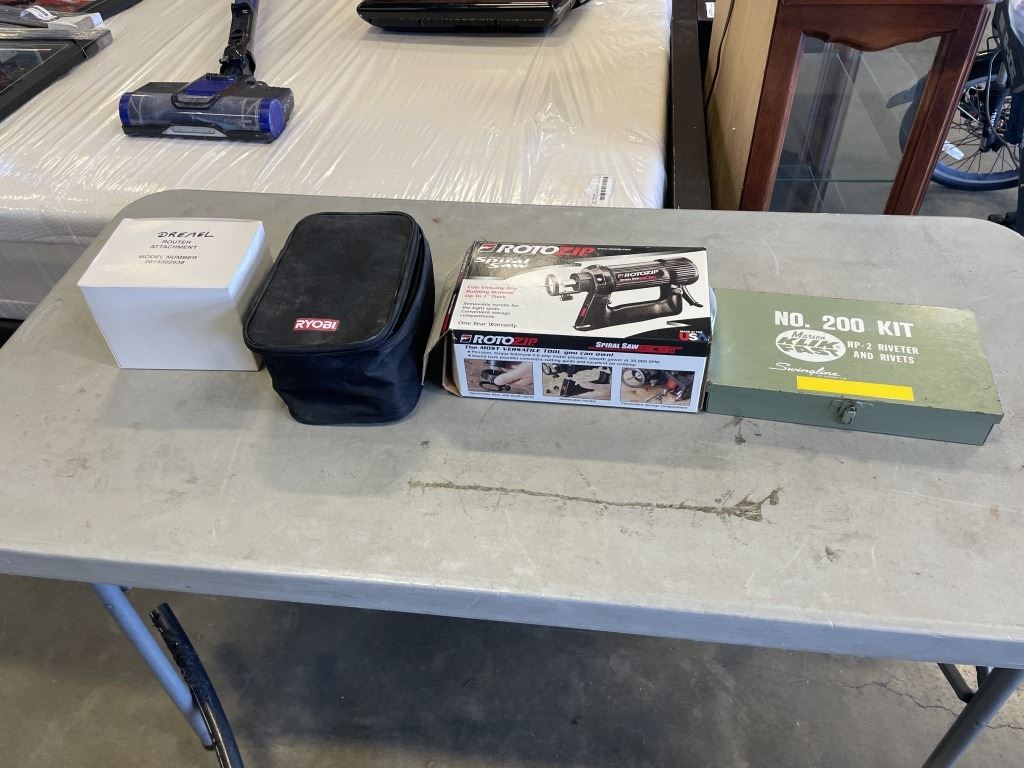RYOBI LASER MEASURER, ROTOZIP, RIVET KIT AND ROUTER DREMEL ATTACHMENT