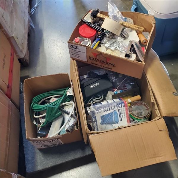TWO BOXES OF TOOLS INCLUDING CLAMP METERS, EXTENSION CORD AND HAND TOOLS