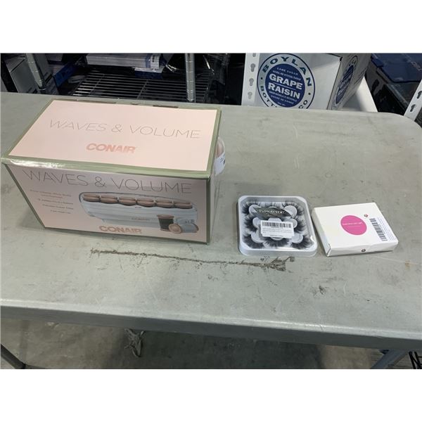 CONAIR WAVES AND CURLS HOT ROLLER SET, EYELASH SET, AND TRAVEL MIRROR