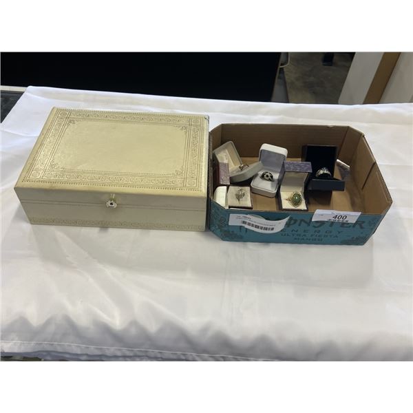 JEWELLERY BOX W/ CONTENTS AND 6 LADIES RINGS