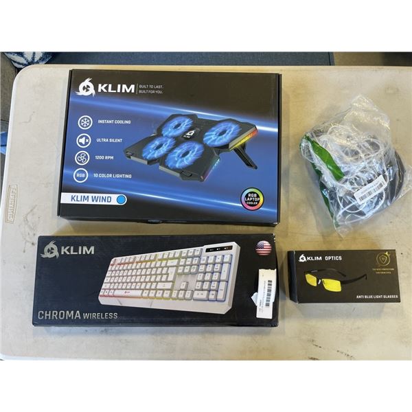 LOT OF ASSORTED KLIM COMPUTER ACCESSORIES, KEYBOARDS, COOLING PADS ETC