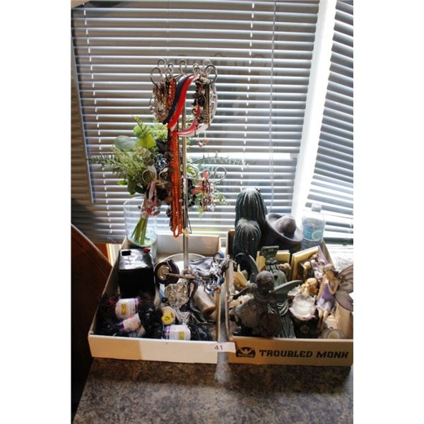 Misc. Figurines, costume jewelry, jewelry stand