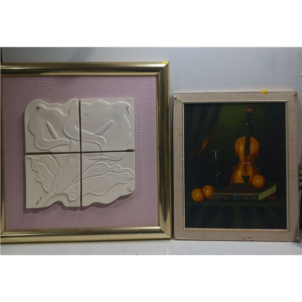 Leslie-Fibre Glass 3D sculpture (27.5wx27.5h), Tiranzia-Original Still Life (16wx20h, damaged frame)