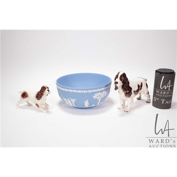 Wedgwood Jasperware 8" diameter bowl, Goebel spaniel 7 3/4" in length and a 6" long Beswick spaniel