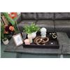 Image 2 : Selection of showhome decor including faux plants, leather wrapped tray, candles, glazed ceramic bud