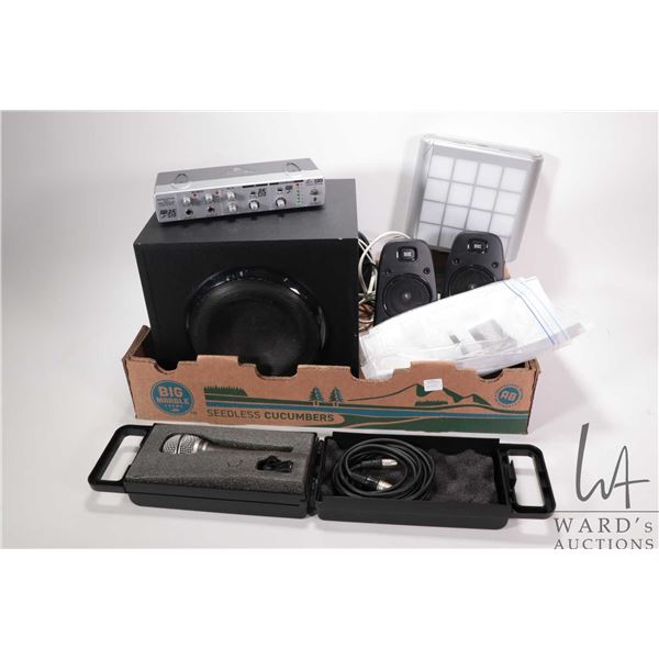 Selection of audio equipment including Behringer Mini Max Karaoke processor with voice cancel, panel