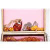 Image 2 : Hand made wooden marquetry hinged jewel box with a selection of amber jewellery including beaded nec