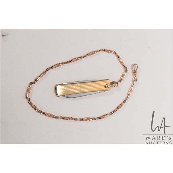 Antique gold filled watch chain with attached pen knife, 13" in length