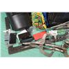 Image 2 : Selection of welding accessories including helmets, gloves, knee pads, cords, assorted vice grips an