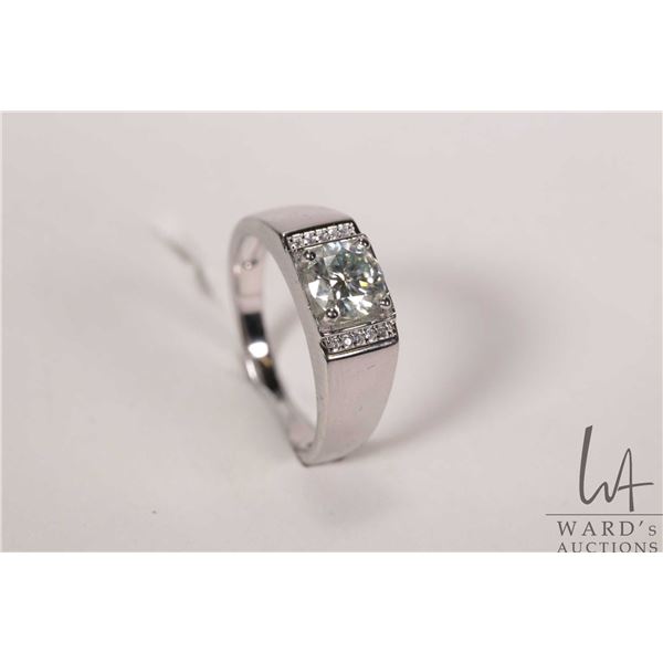 1.0ct Moissanite ring set in men's style sterling silver mount with white gold overlay, size 10, D V