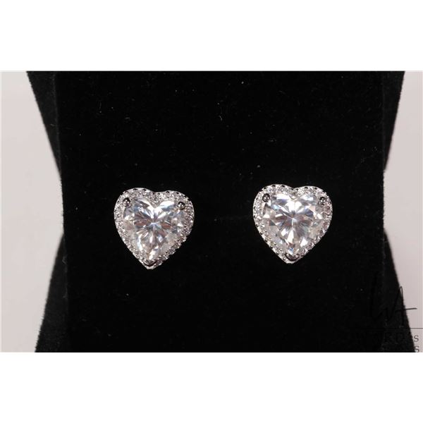 Pair of 2.0ct (each) heart shaped Moissanite earrings in sterling silver halo mounts with white gold