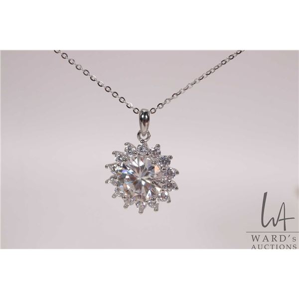 5.0ct Moissanite necklace set in sterling silver mount with white gold overlay, includes GRA cert