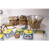 Image 2 : Tray lot of collectibles including five packaged mini trucks and trailers, brass horses, oil lamp, H