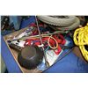 Image 2 : Selection of tools and hardware including rope, chains, tie downs, electric fence wire, pair of cart