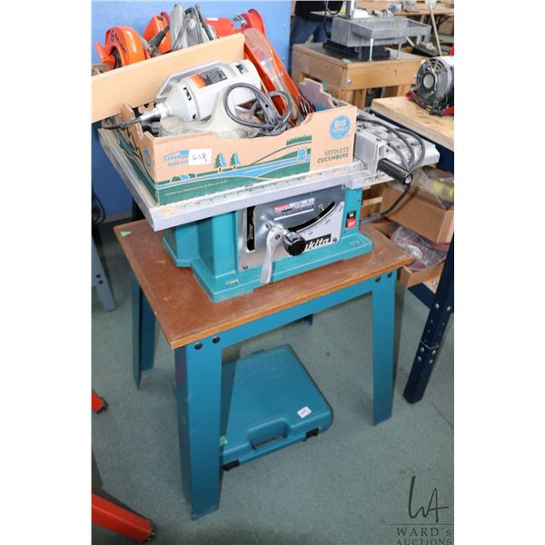 Selection of power tools including Makita contractor table saw no. 2708 with floor stand, Black & De