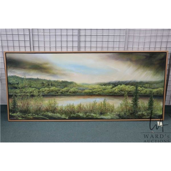 Framed oil on canvas painting of changing weather forest landscape, signed by artist Richard Dixon, 