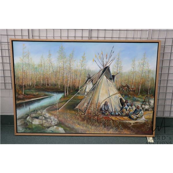 Framed oil on canvas painting featuring a native riverside camp, signed by artist Richard Dixon, 42"