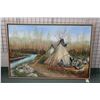 Image 1 : Framed oil on canvas painting featuring a native riverside camp, signed by artist Richard Dixon, 42"